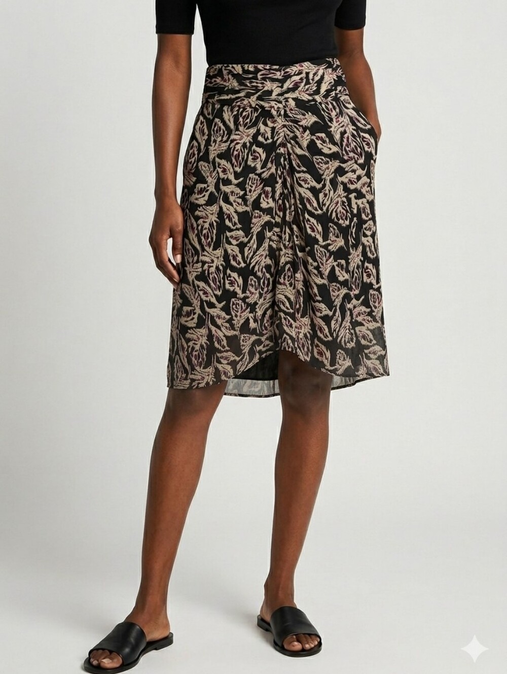 ba&sh Black Midi Skirt with Beige and Blush Leaf Motif